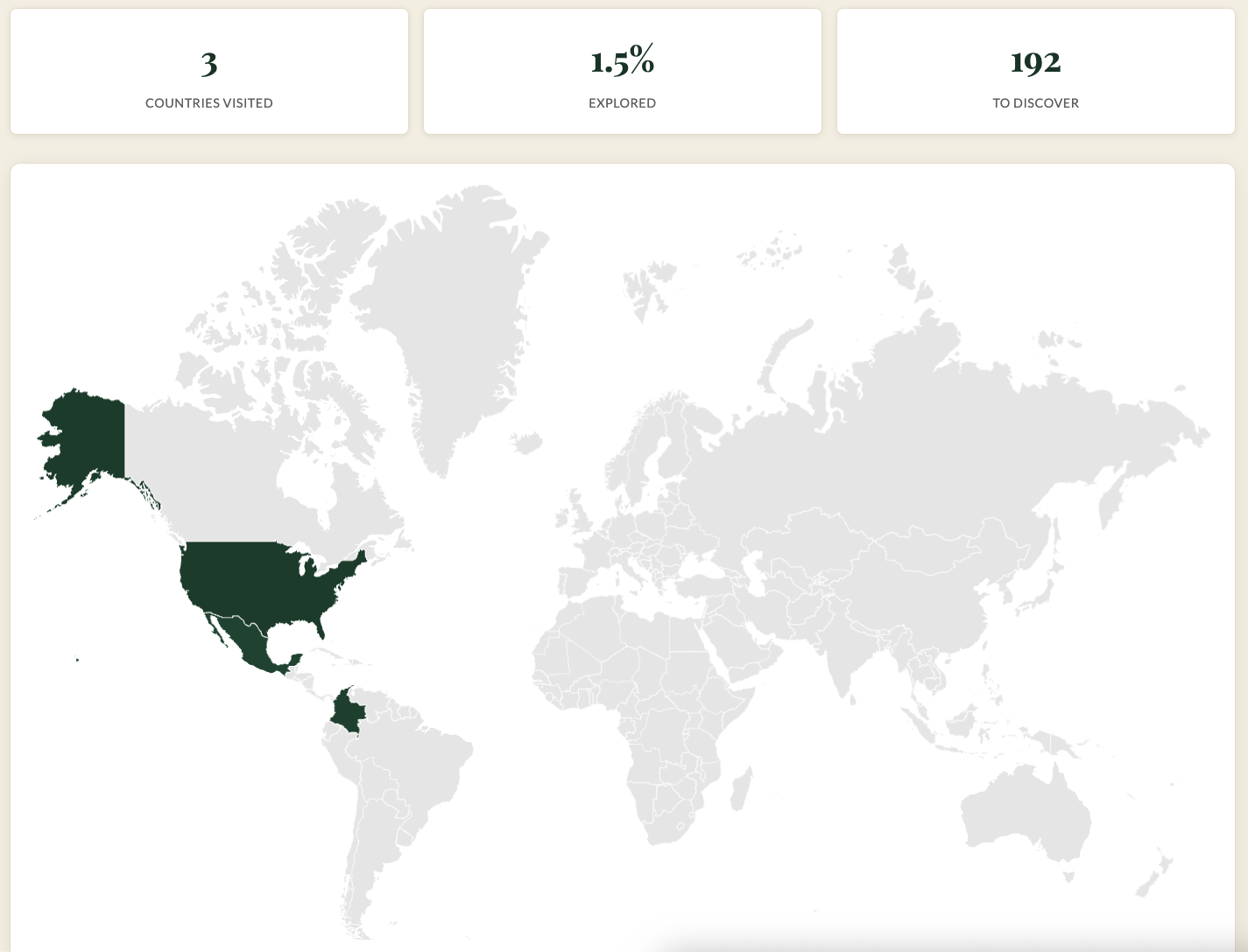 A world map with visited countries colored in and a count of countries visited