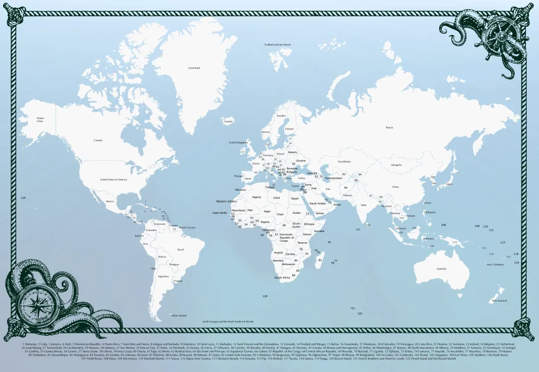 The Nautilus World Map design with a teal kraken and compass border