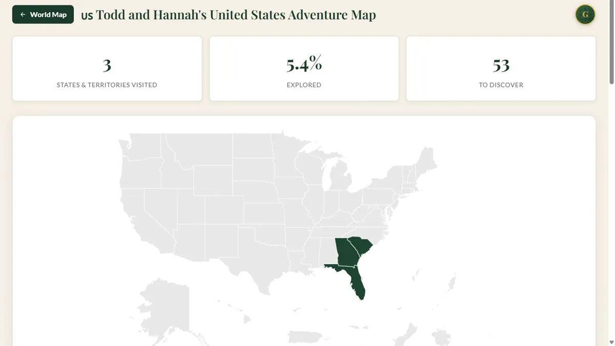 A US states map with Georgia, South Carolina and Florida filled in and 53 left to discover