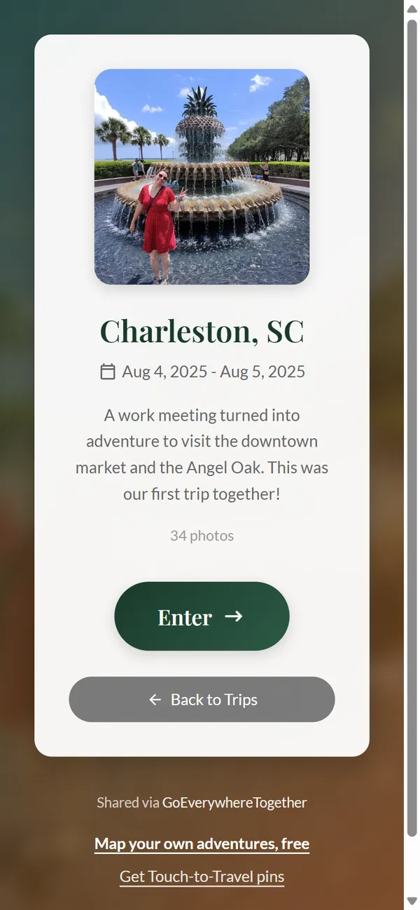 A phone showing the Charleston, SC trip page: Hannah at the Pineapple Fountain, 34 photos