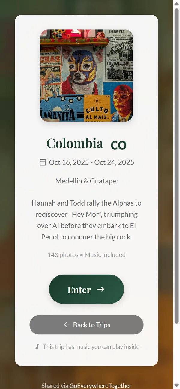 A phone showing the Colombia trip page: 143 photos and music included