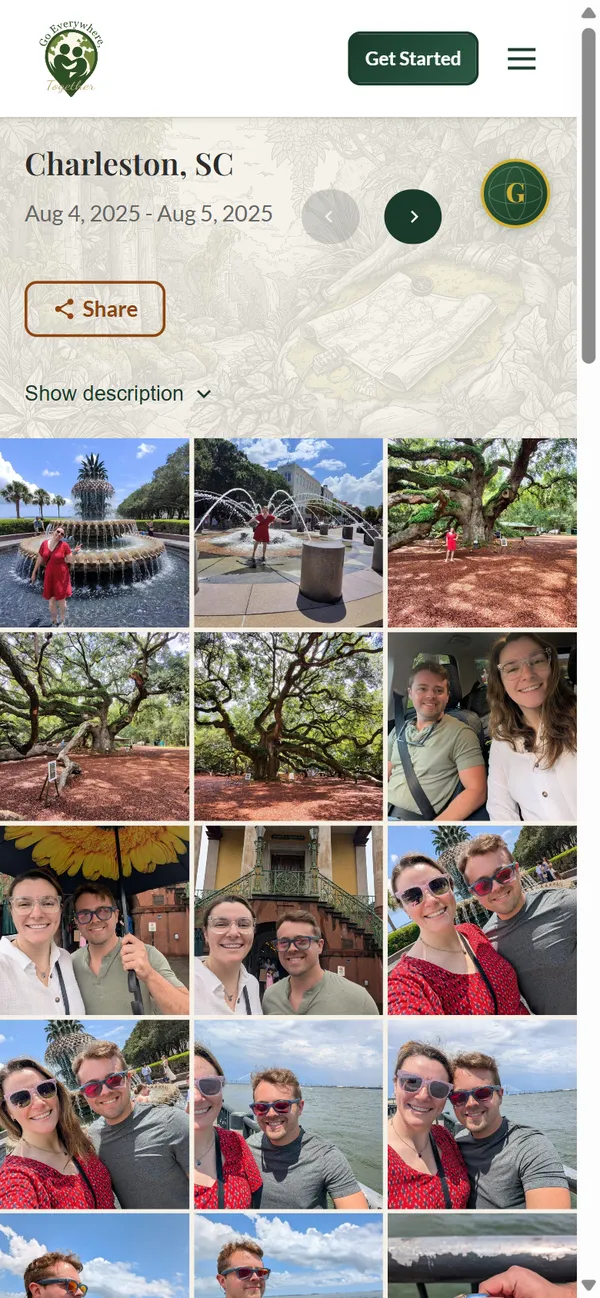 A phone showing a trip page of photos from Charleston, SC