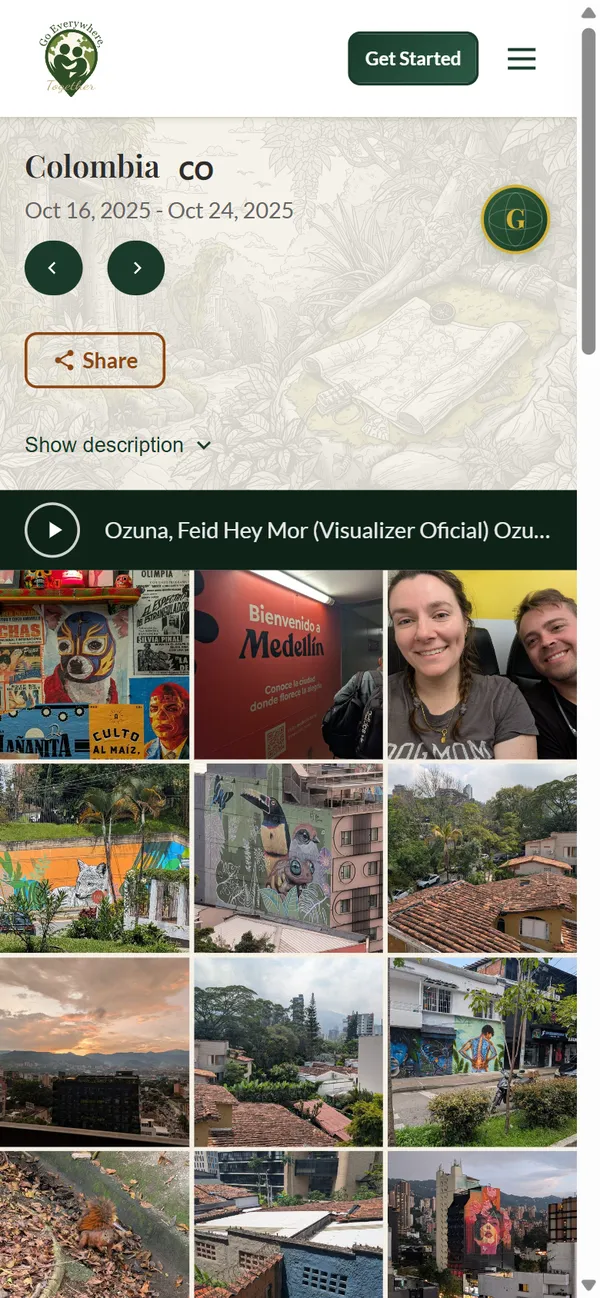 A phone showing the Colombia trip gallery with a song player at the top