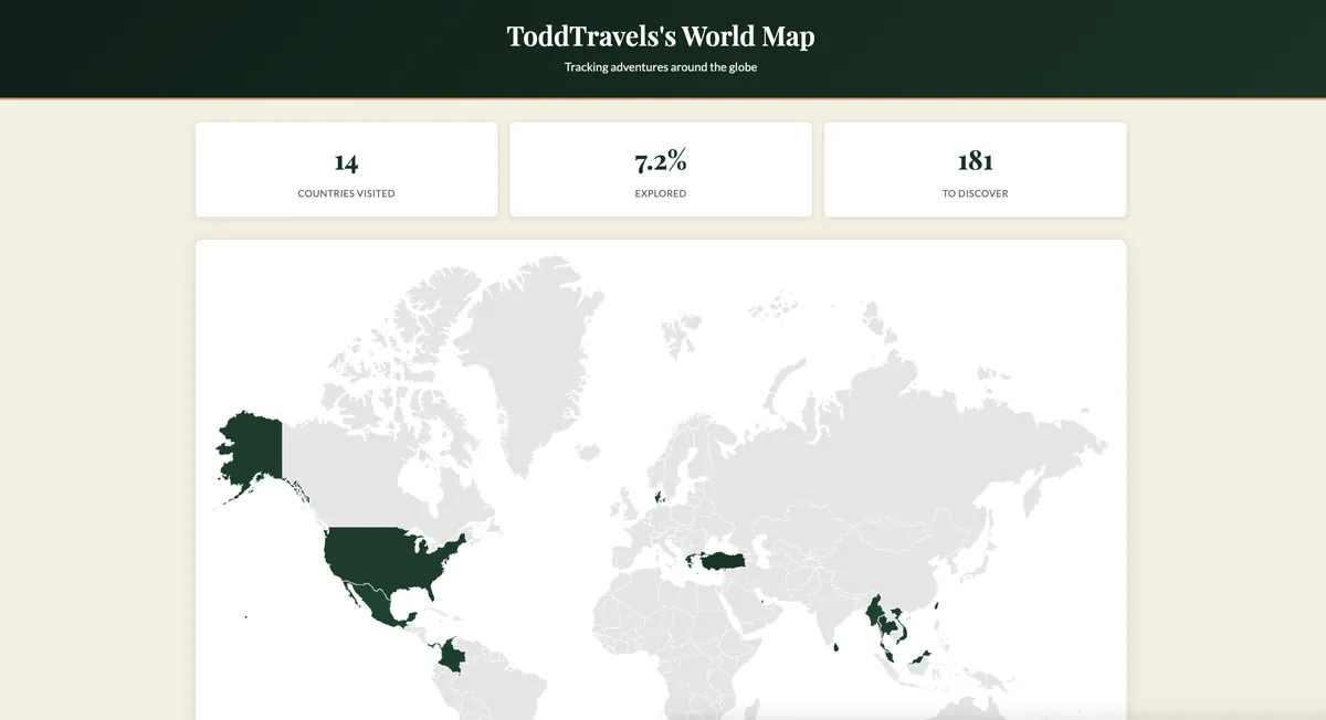 An online world map showing 14 countries visited, 7.2 percent of the world explored and 181 to discover